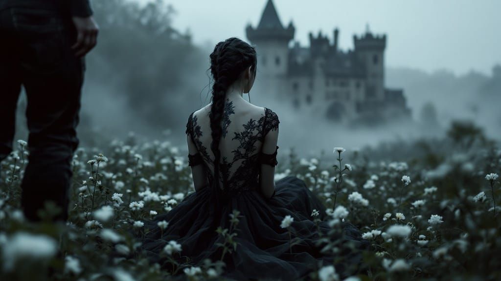Gothic Castle and Woman in French Countryside