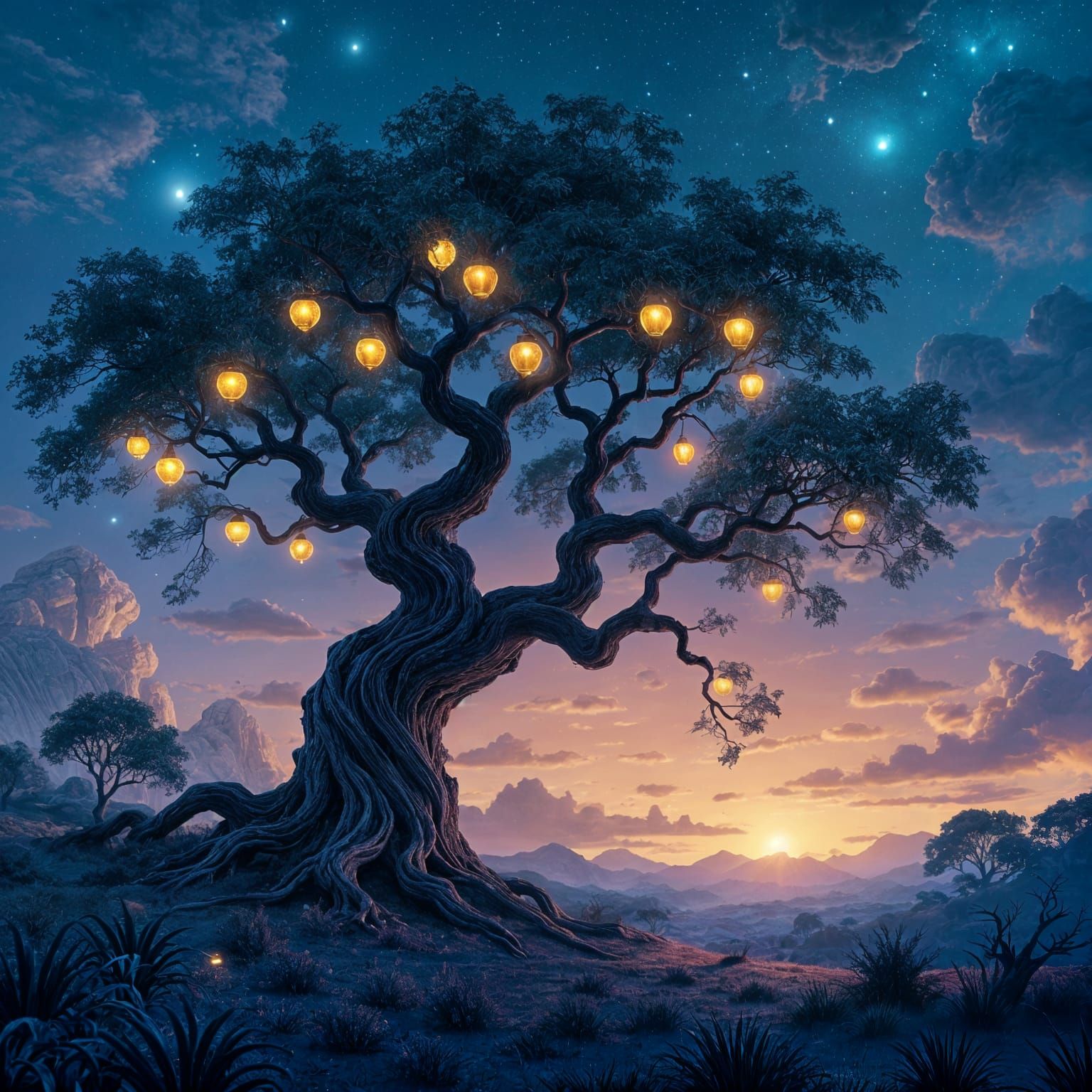 Alien Twilight: Bioluminescent Tree in Digital Painting