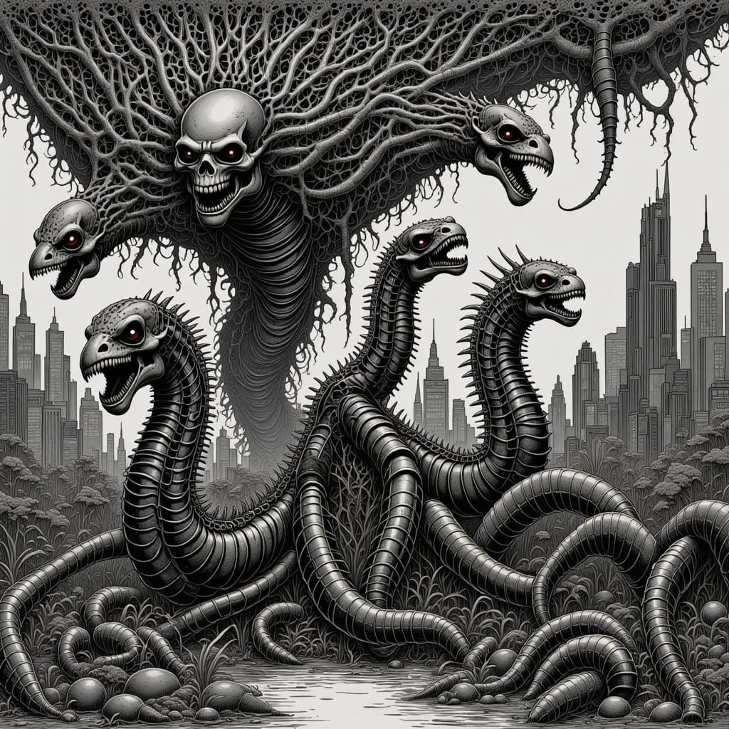 City-Scaled Biomechanical Hydra-Centipede in Gammell Style