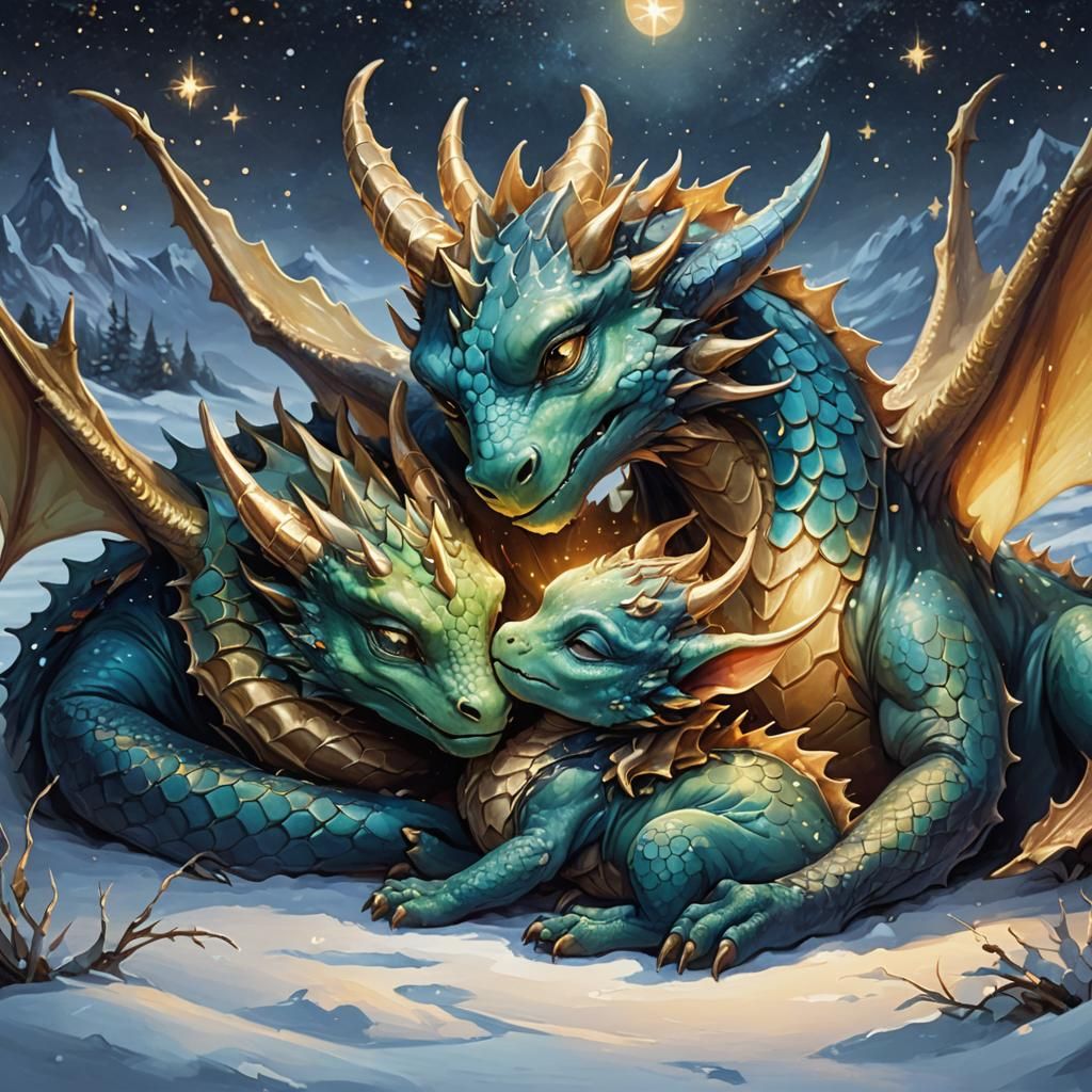 Baby Dragon and Mother in Snowy Landscape