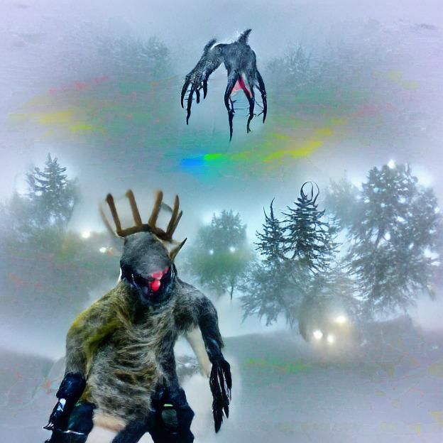 Eerie Wendigo Emerging from Dense Fog