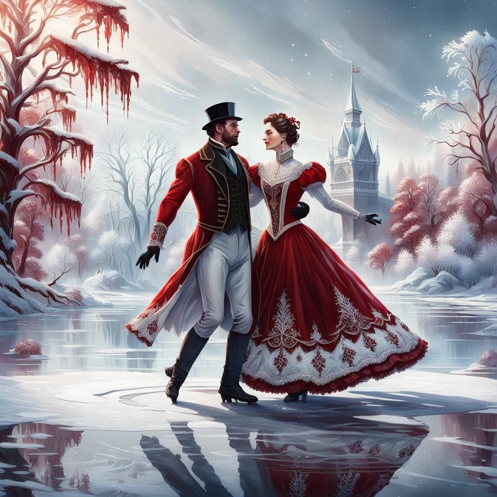 Victorian Couple Dancing on Frozen Lake