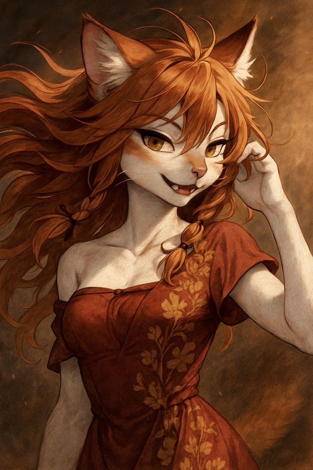 Anime Cat Girl with Flowing Ginger Hair