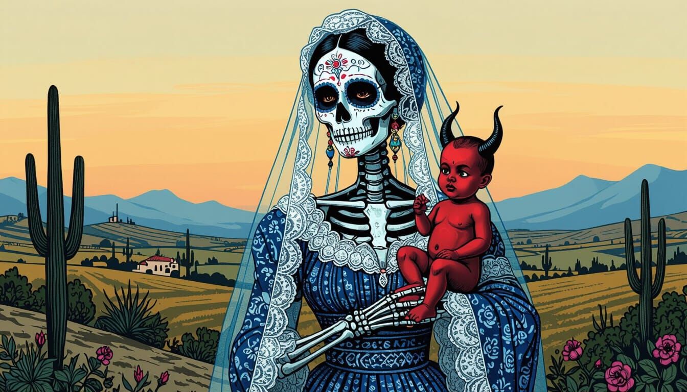 Surreal Catrina with Devil Baby in Ligne Claire Style