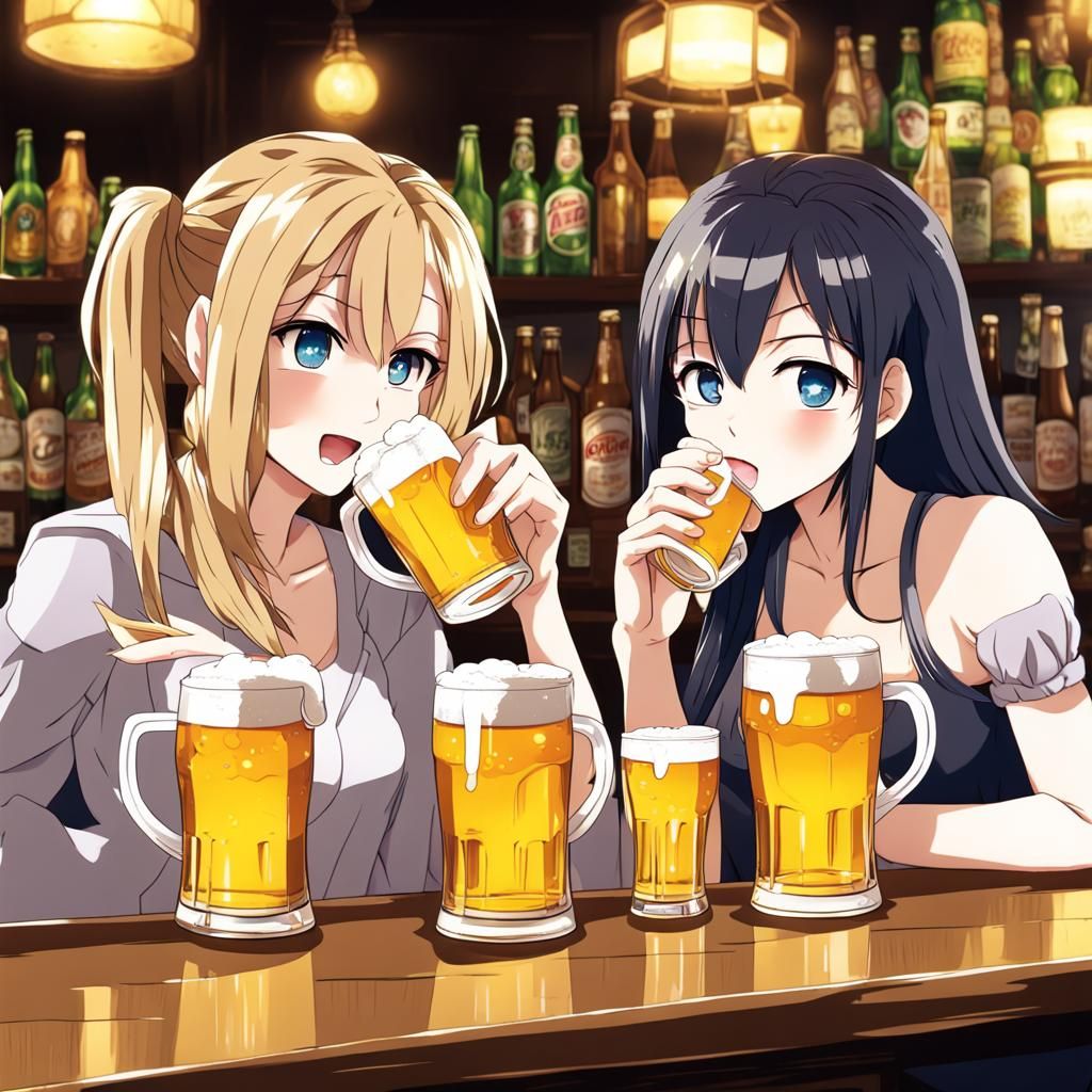 Girls at Bar in Anime Style