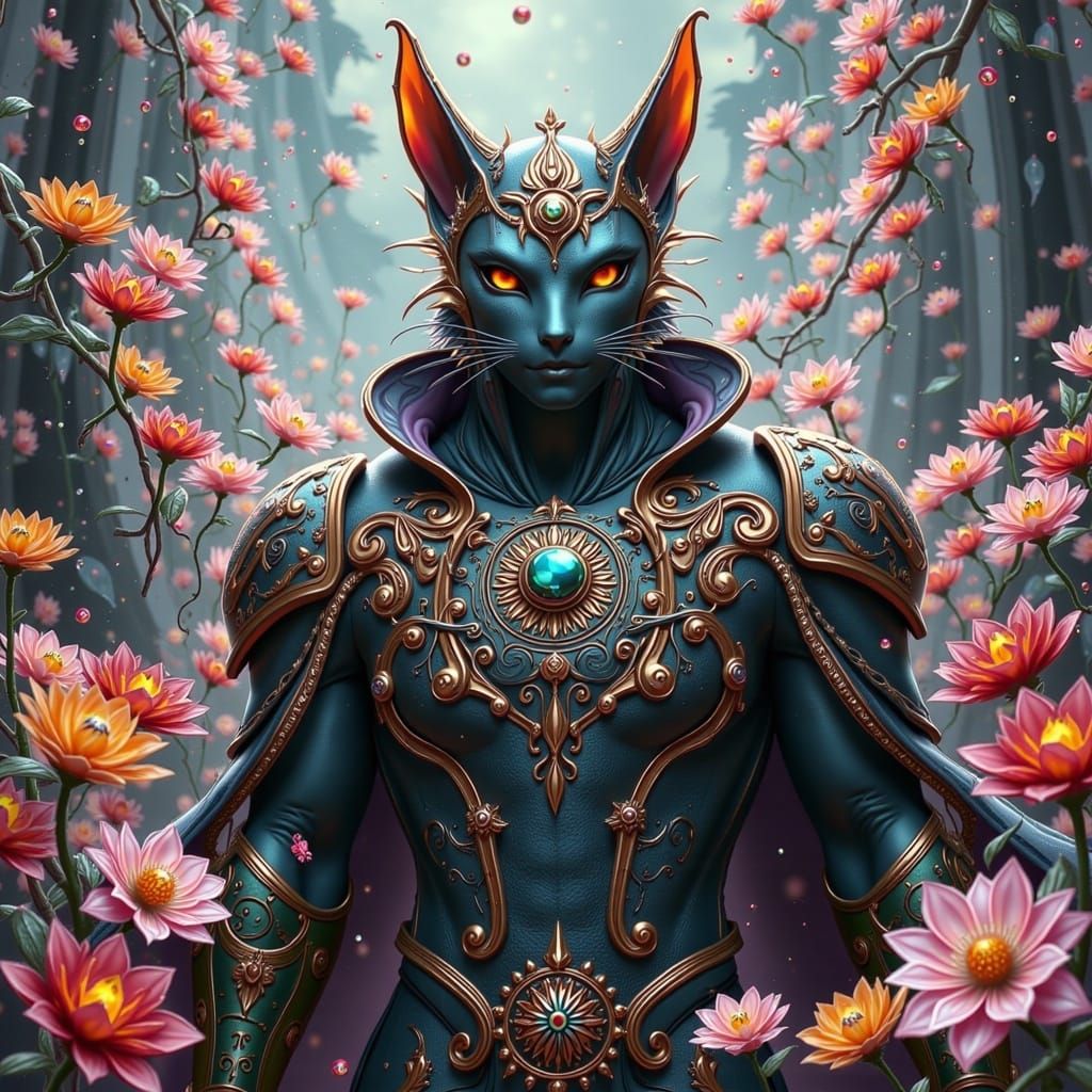 Ornate Cat-Human in Gothic Floral Landscape