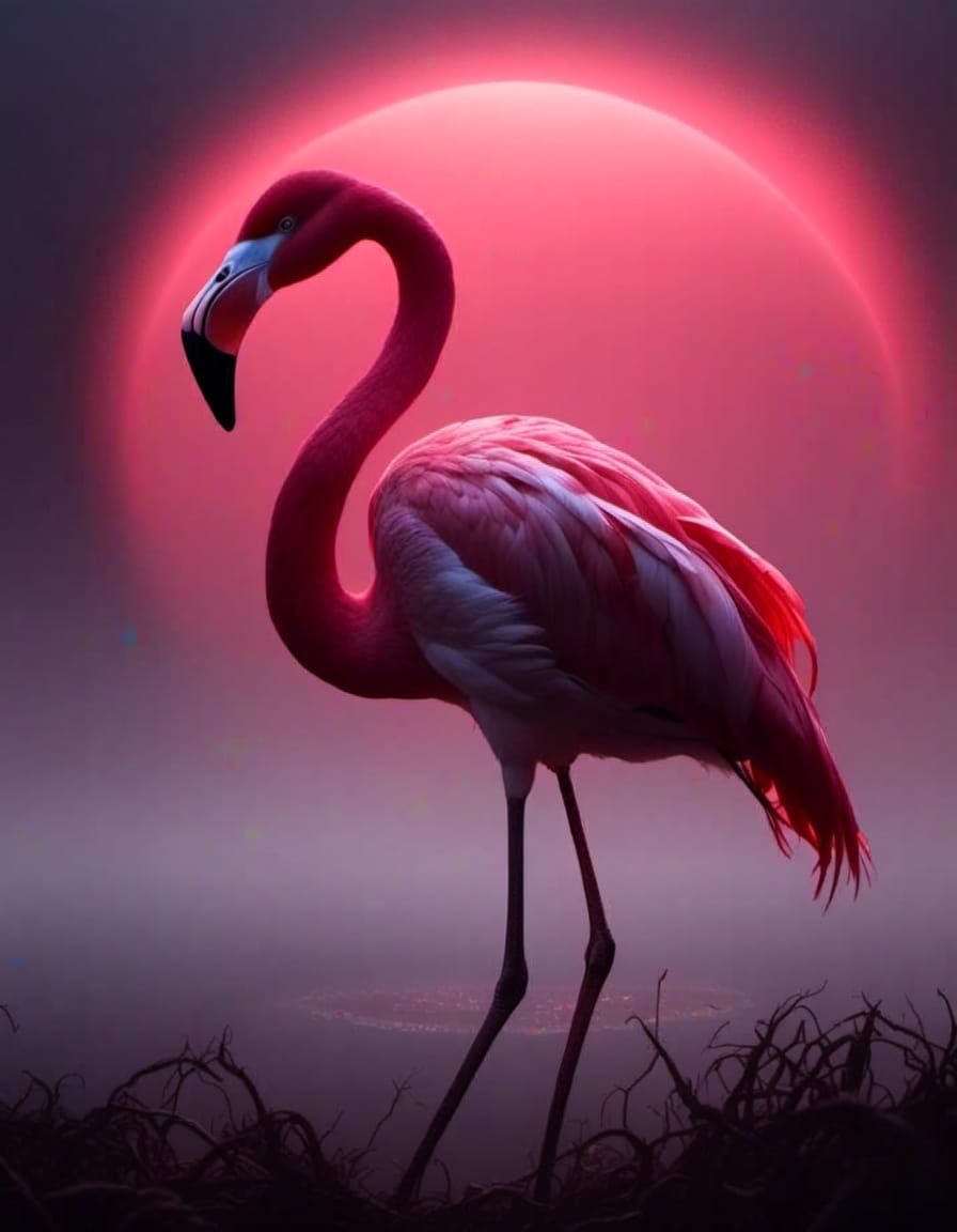 Flamingo in Misty Red Moon Nightscape