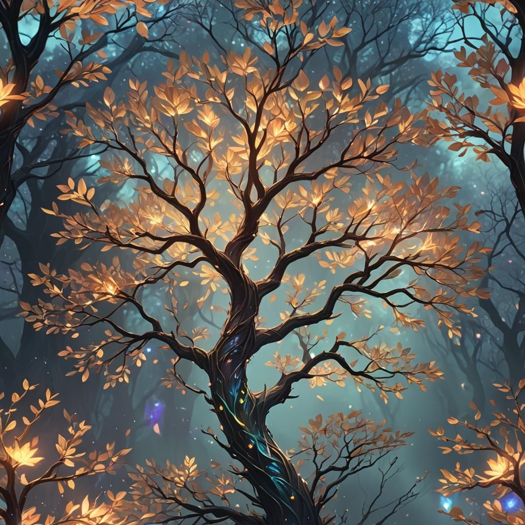 Enchanted Tree with Crystalline Fire Leaves