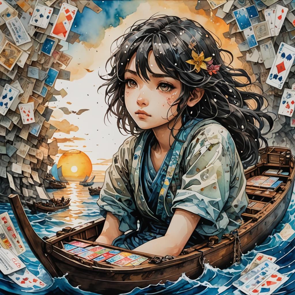 Playing Card Boat at Dawn: Watercolor Comic Art