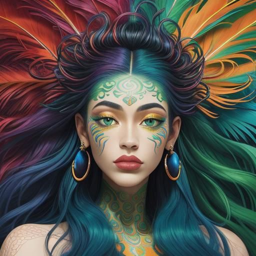 Fauvist Portrait of Dragon Woman with Peacock Feathers