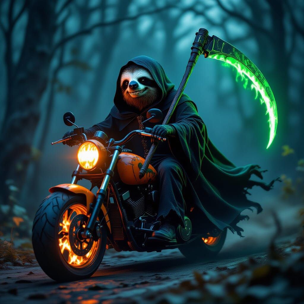 Sloth Grim Reaper Rides Flaming Scythe Through Dark Forest