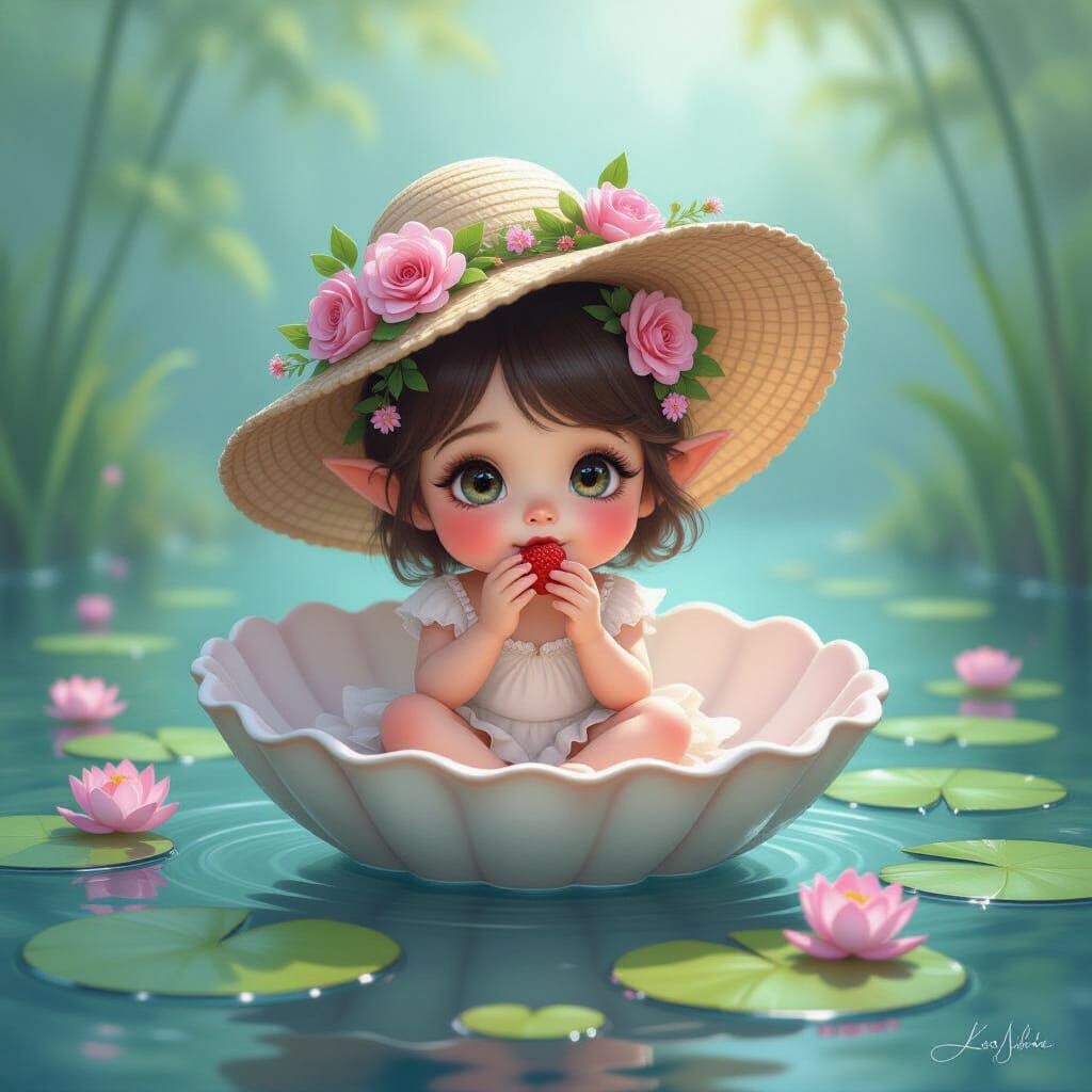 Enchanting Fairy Toddler on Lily Pond, Ethereal Art