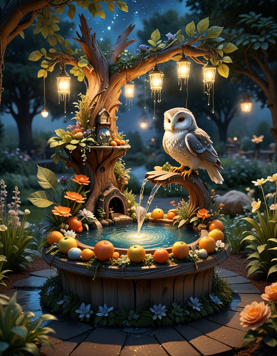 Whimsical Owl Fountain in Magical Forest
