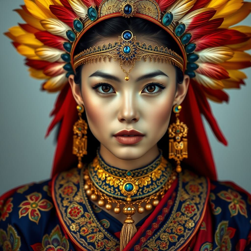 Stunning Thai Woman in Multicolored Feathered Headdress