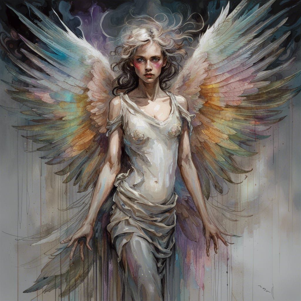 Ethereal Angel with Iridescent Wings and Silver Outlines