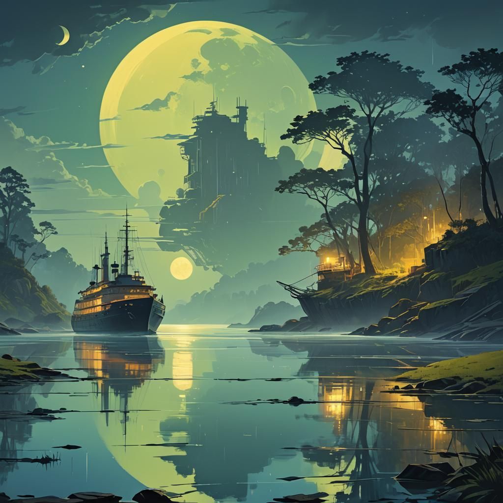 Grand Ship on Riverbank in Dreamy Fantasy Style