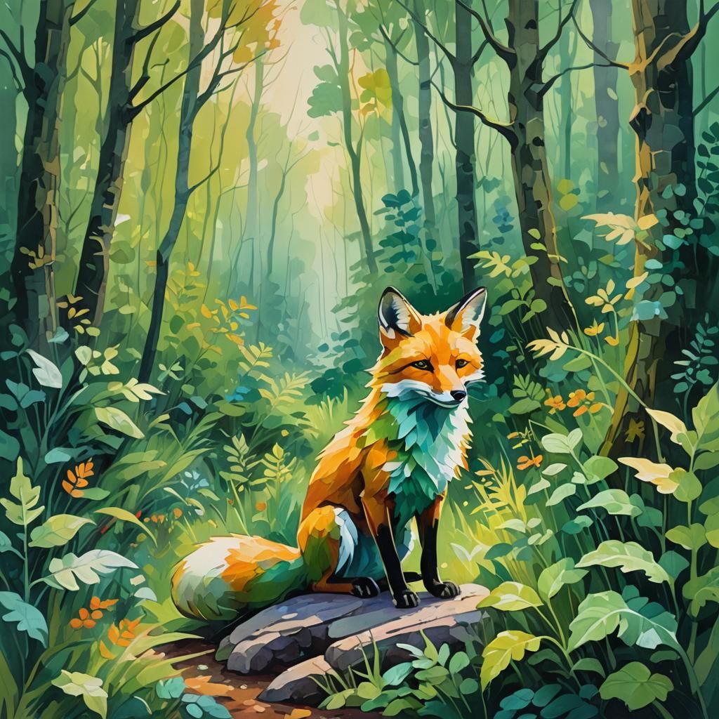 Green Fox in Whimsical Forest: Gouache Impressionism