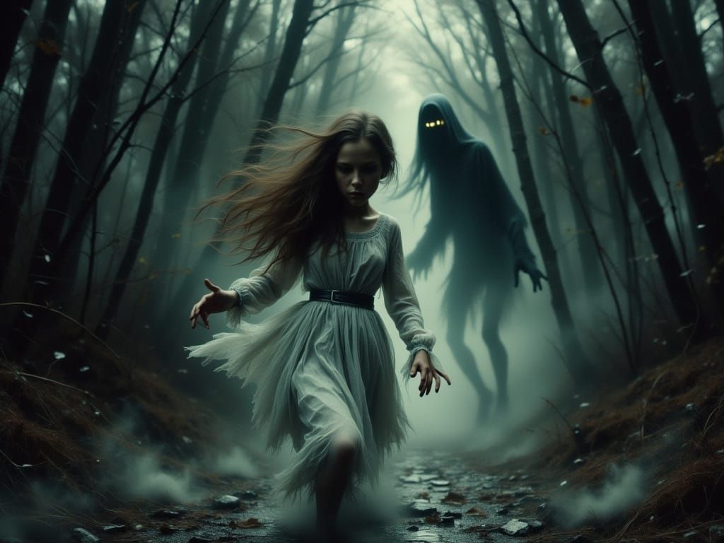 Girl in Distress Runs from Ghostly Shadow in Dark Forest