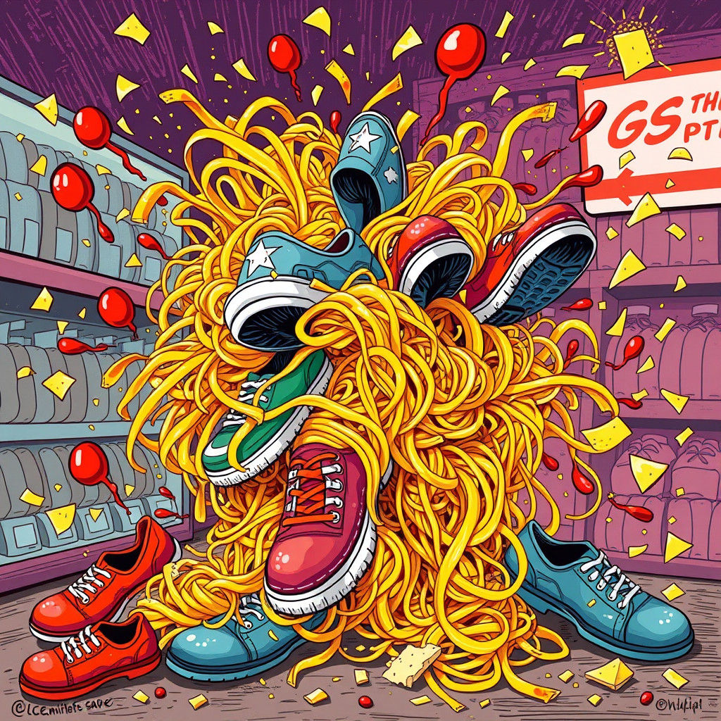 Pasta Explosion in a Shoe Store, Whimsical Art