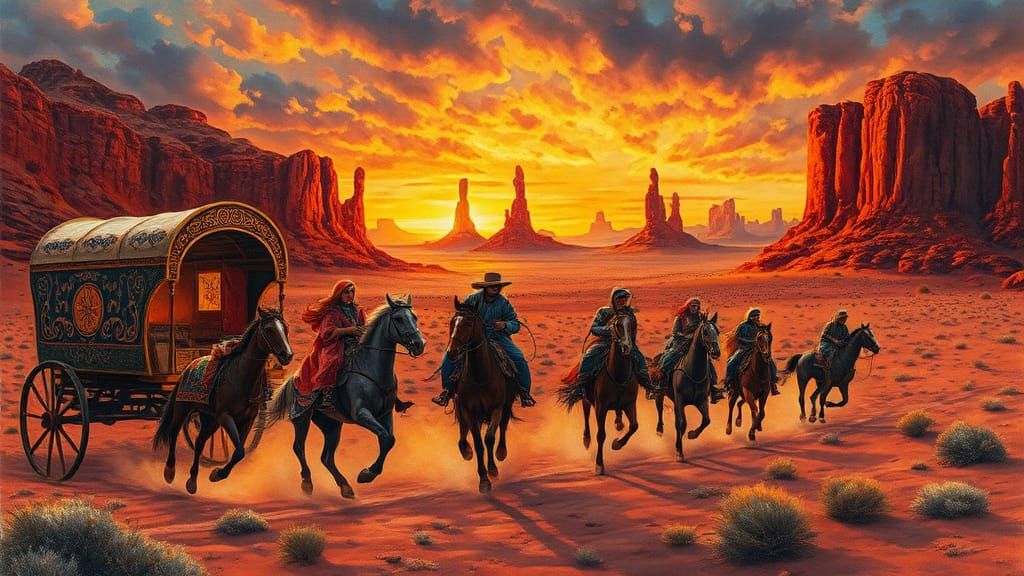 Gypsy Caravan in Dreamlike Watercolor Desert Landscape