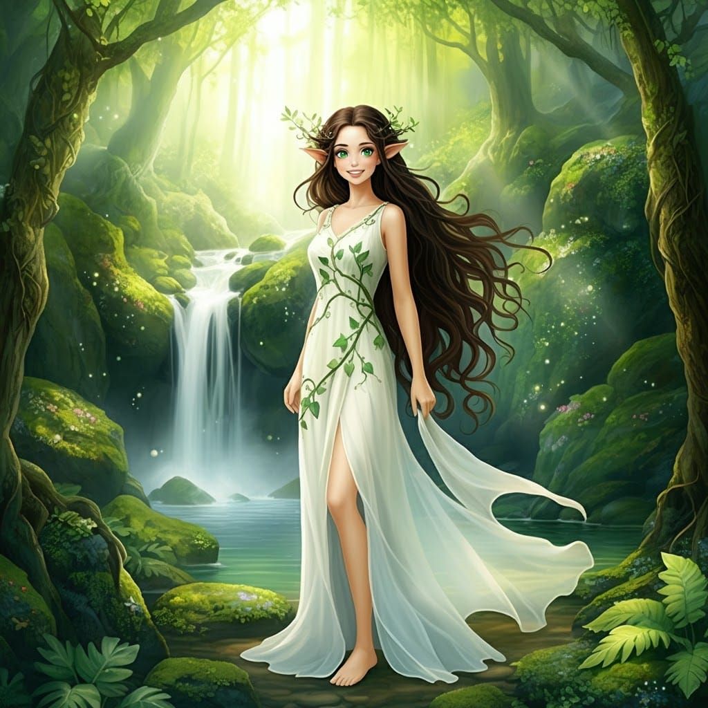 Woodland Nymph by a Waterfall