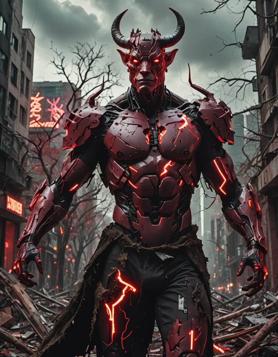 Cyborg Bull-Man in Destroyed City: Cyberpunk Digital Art