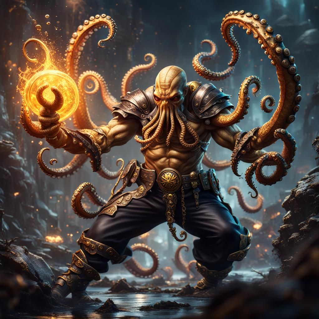 Mutant Octopus Warrior in Detailed Matte Painting