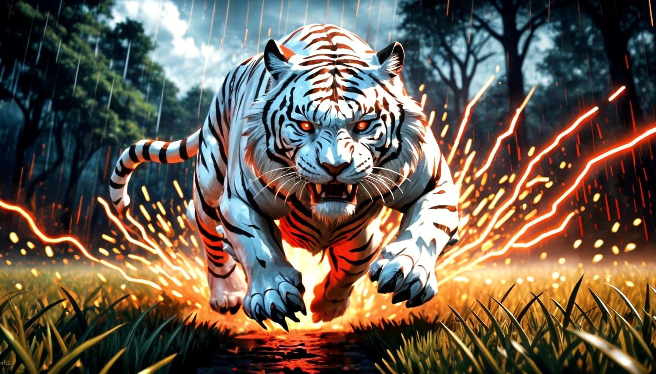 Leaping Silver Tiger in Dynamic Digital Art Style
