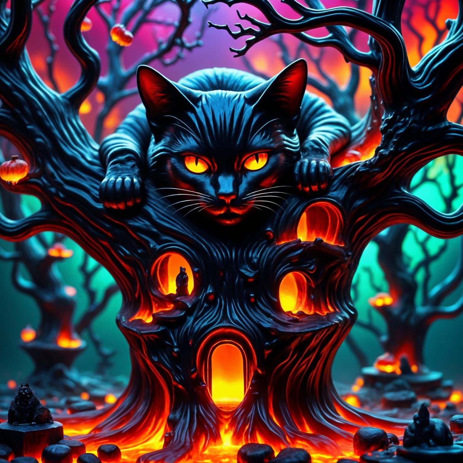 Giant Black Cat on Haunted Treehouse in Halloween Colors