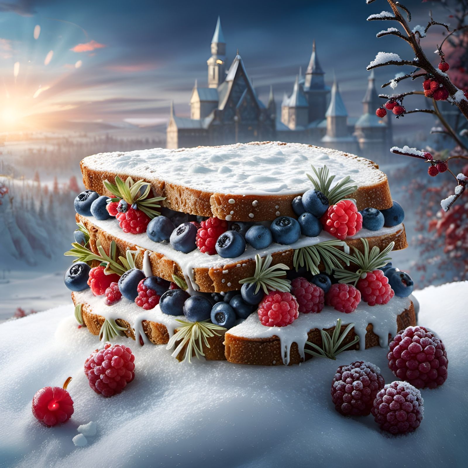 Frostpunk Sandwich with Frozen Berries: Digital Fantasy Art