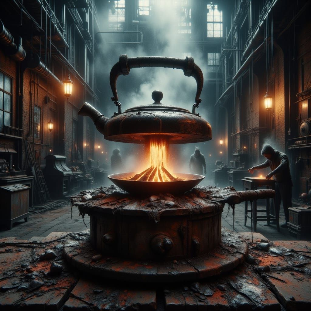 Old Kettle on Stove with Dystopian Factory