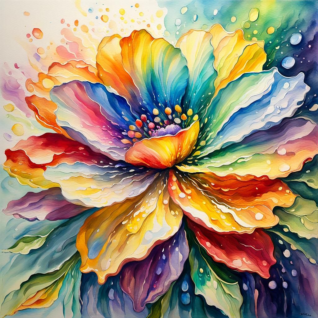 Rainbow Flower in Watercolor Impasto Style