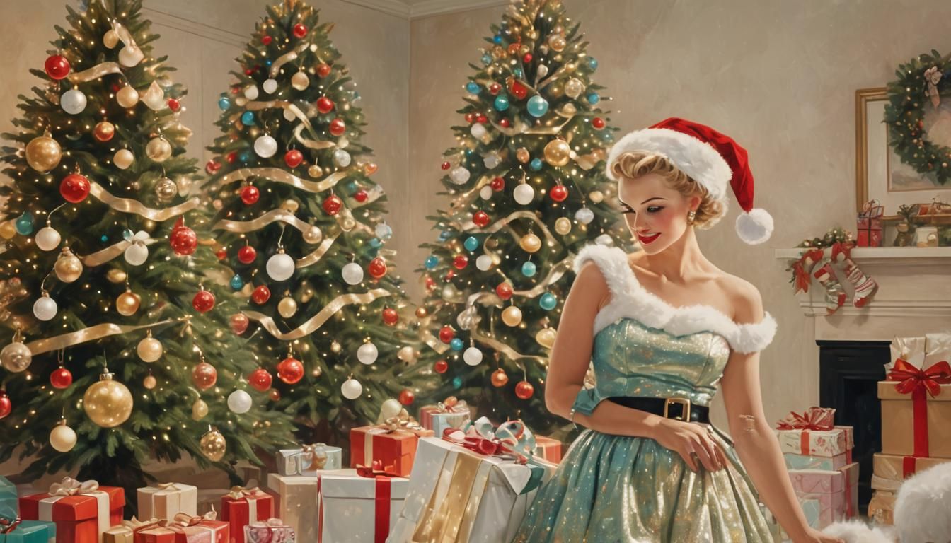 Retro Santa Pinup Girl with Christmas Tree