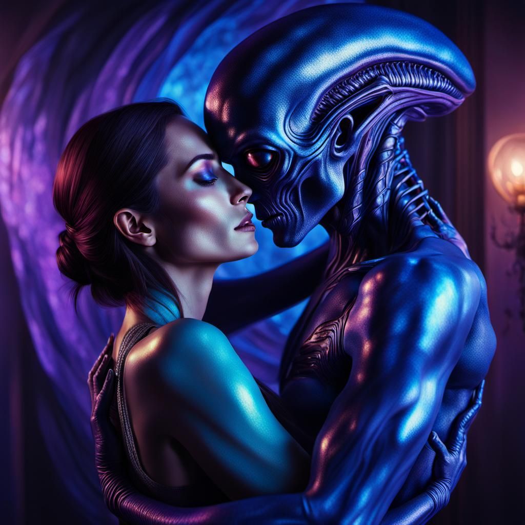 Romantic Alien Embrace in Surreal Style