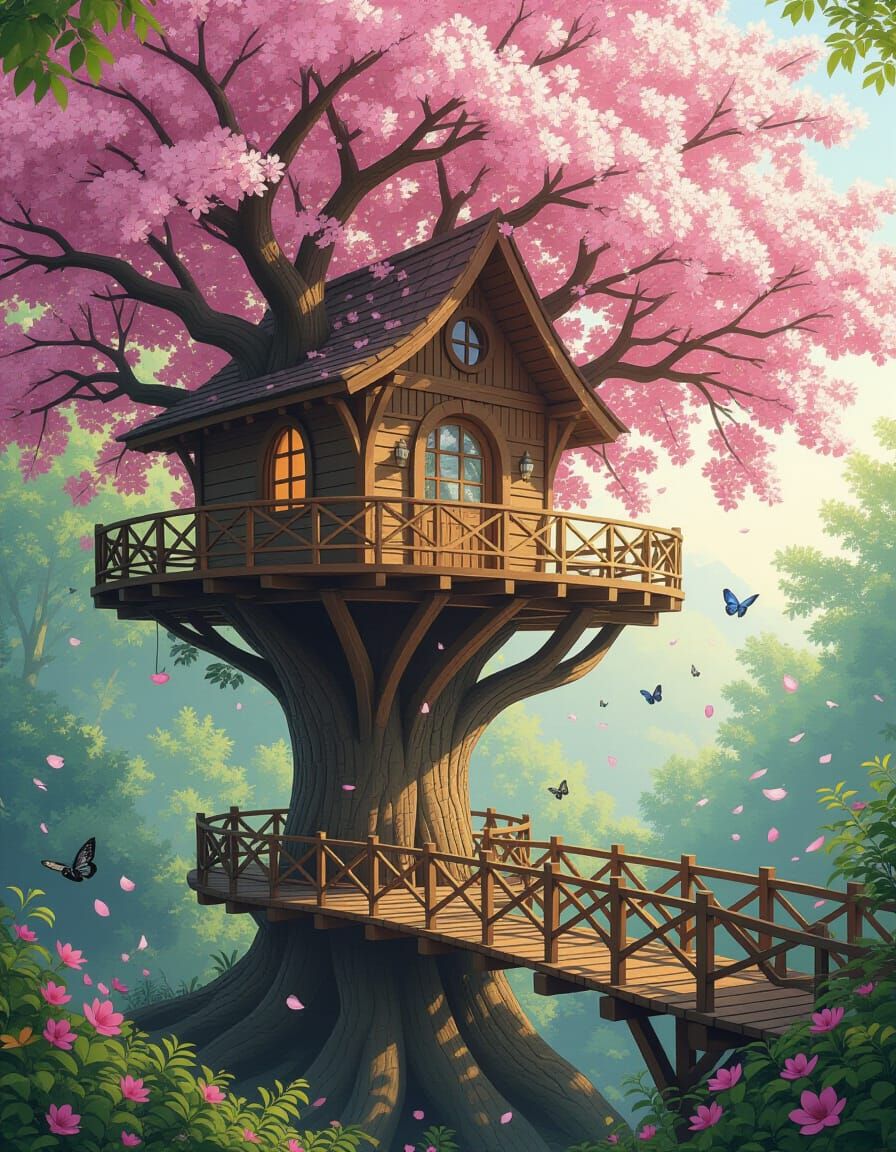 Enchanted Treehouse in Blossoming Tree, Digital Art