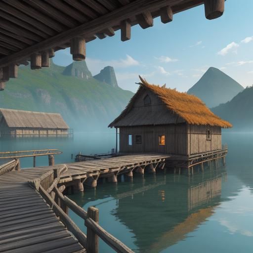 Neolithic Lake Dwellings on Pilings, Detailed Matte Painting
