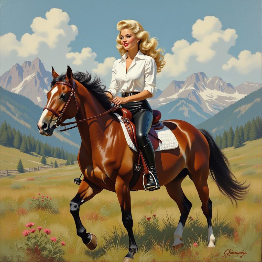 1950s Bombshell Rides Horse in Meadow Oil Painting