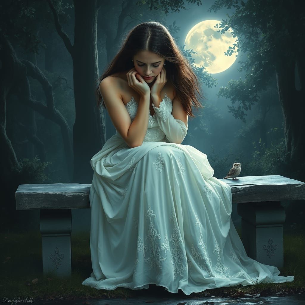 Melancholic Woman in Moonlit Forest