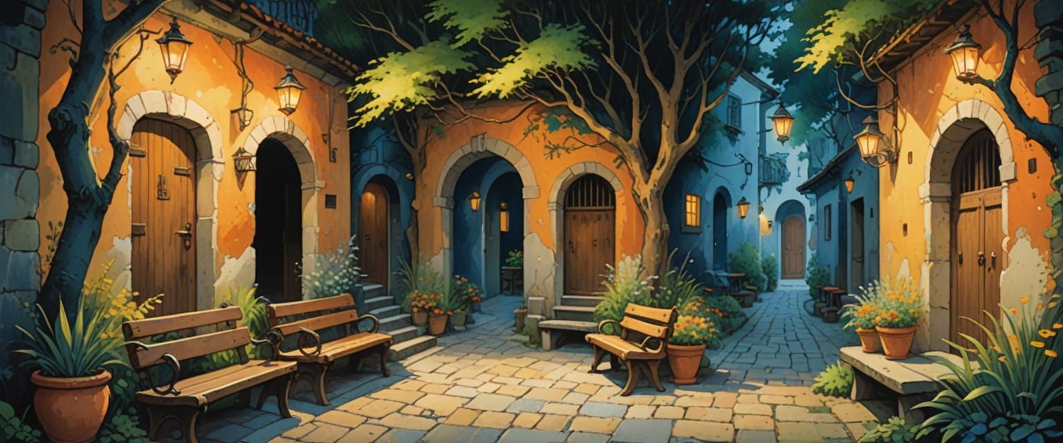 Folk Art Watercolor of Mysterious Passageway