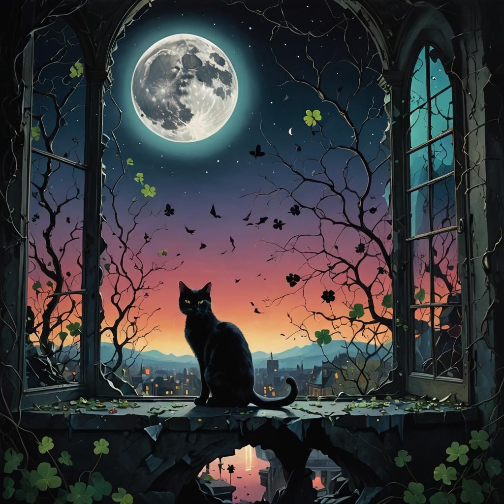 Surreal Black Cat Under Moonlight, Dreamscape Art