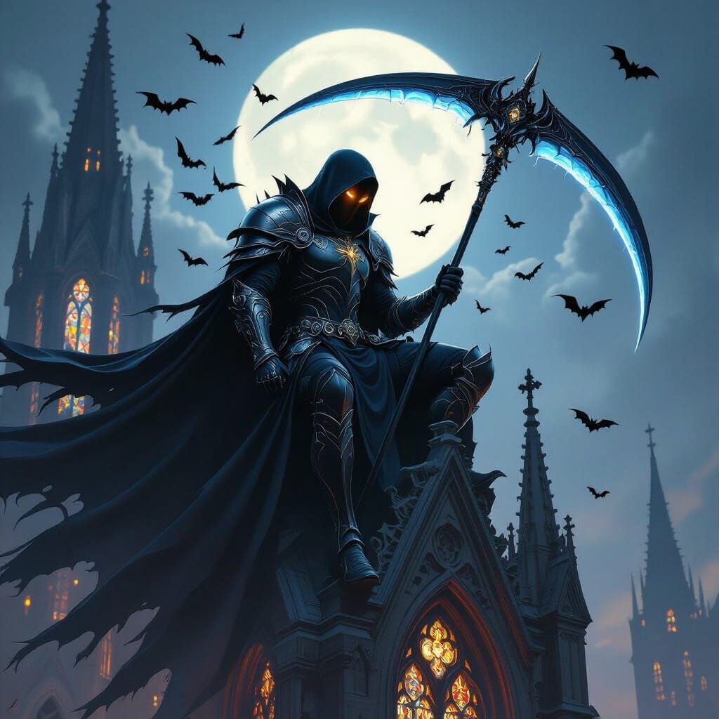 Azrael, Night Avenger, atop Gothic Cathedral