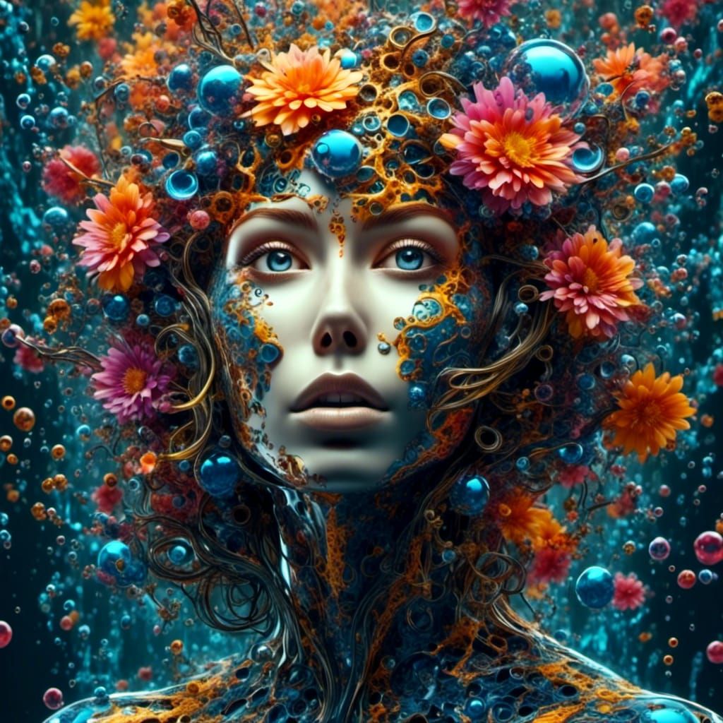 Biomechanical Woman with Melting Head in Hyperrealism Style