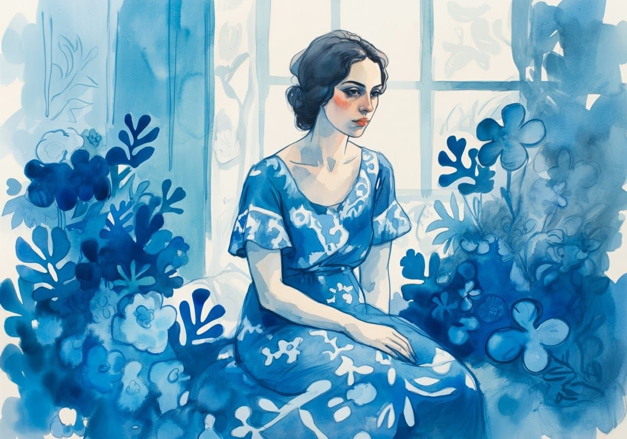 Woman in Blue Dress, Fauvist Watercolor Painting