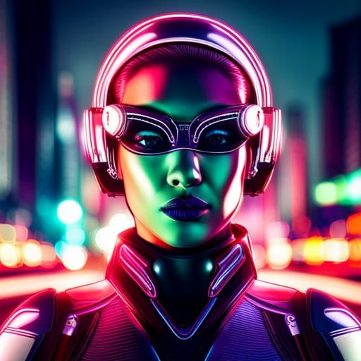 Cyborg Girl in Neon City with Futuristic Armor