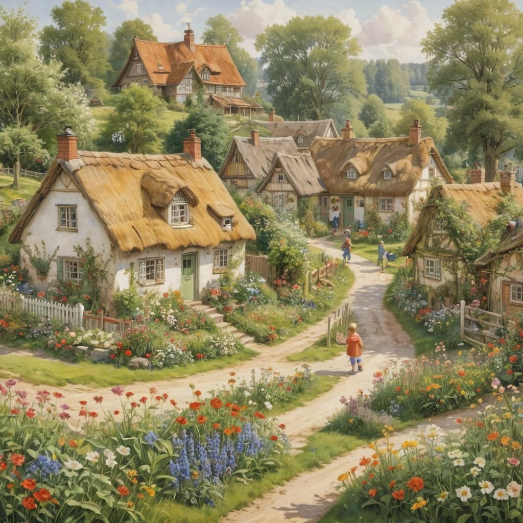 Charming Countryside Village Scene in Painterly Style