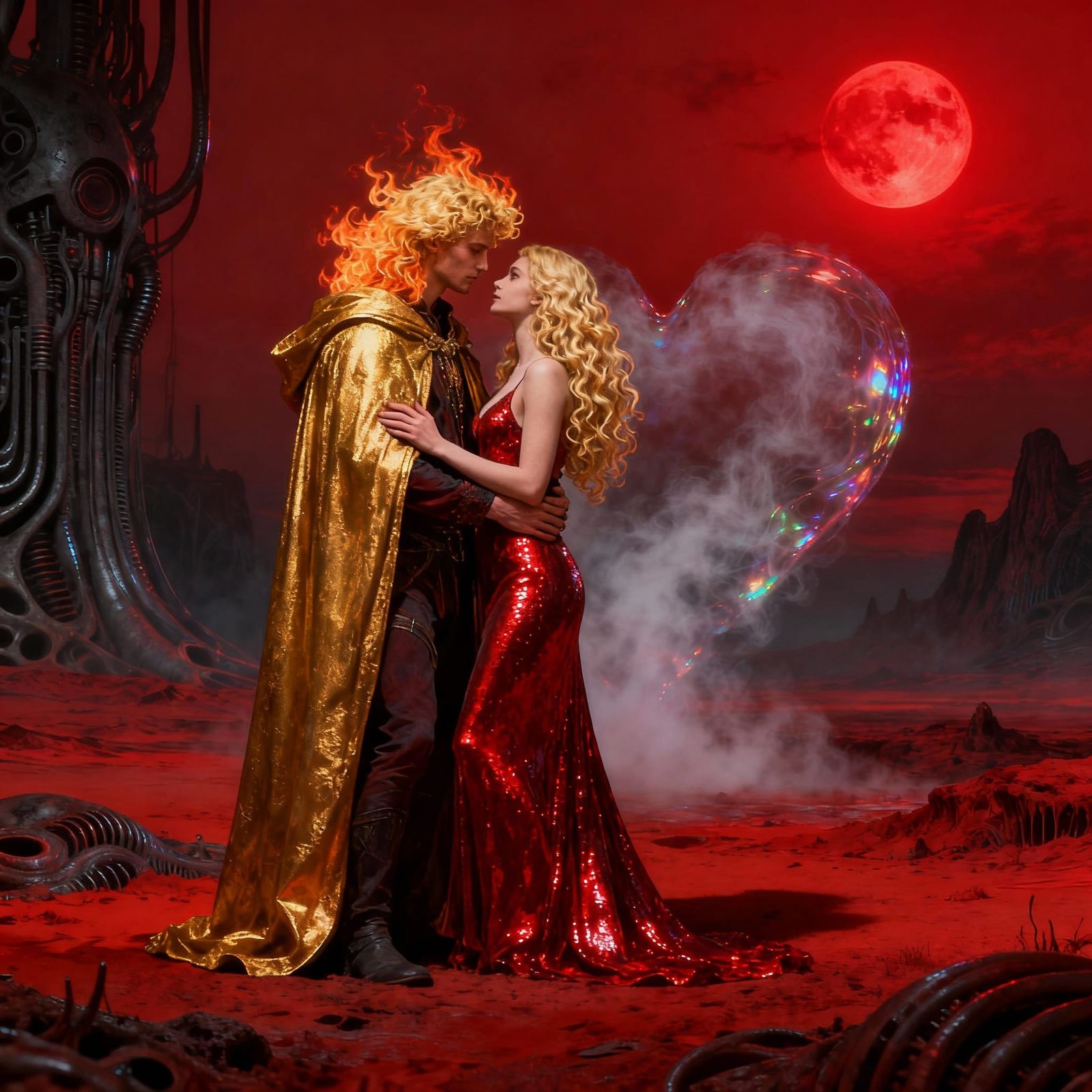 Fiery Couple in Red Wasteland Embrace