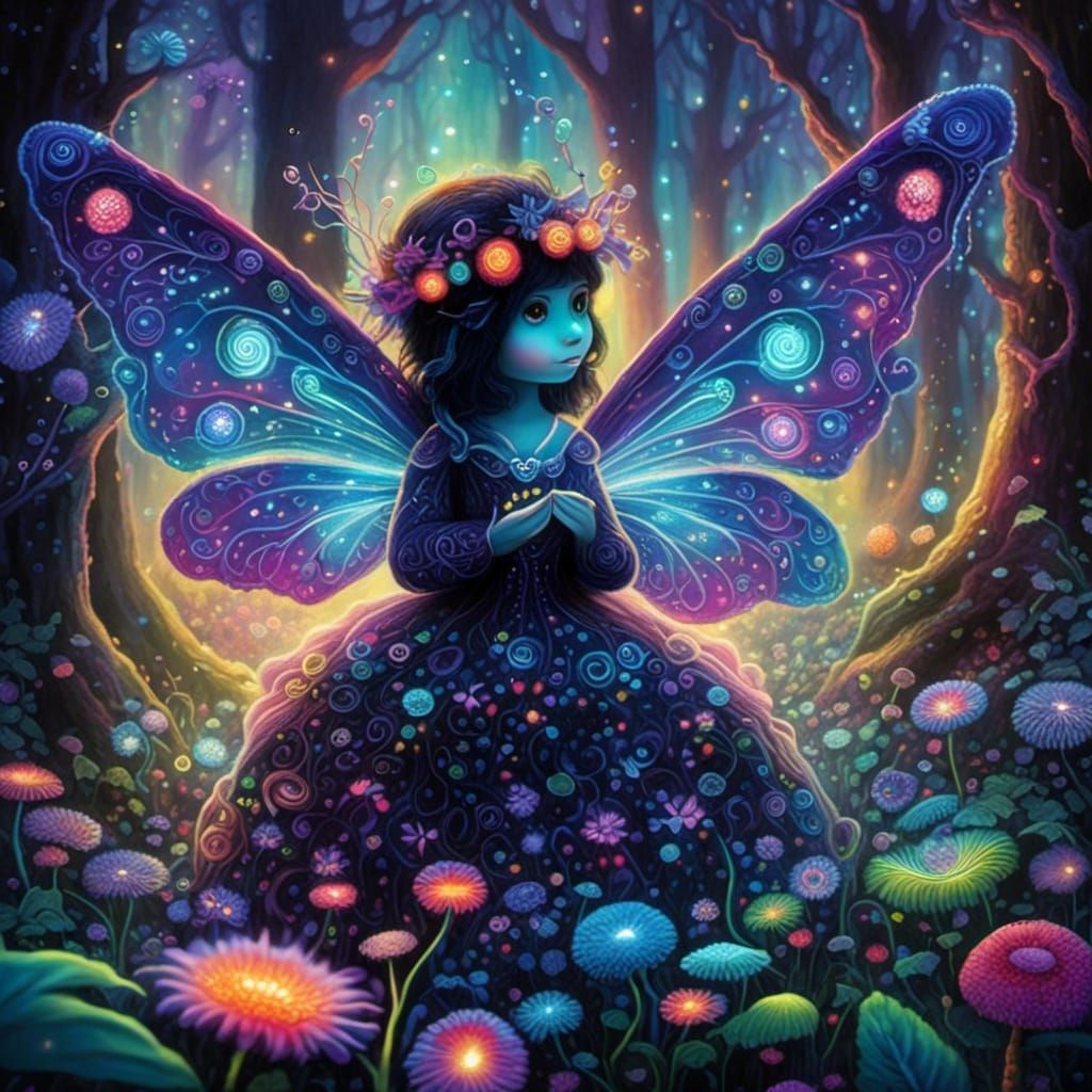 Goth Fairy with Bioluminescent Wings in Forest