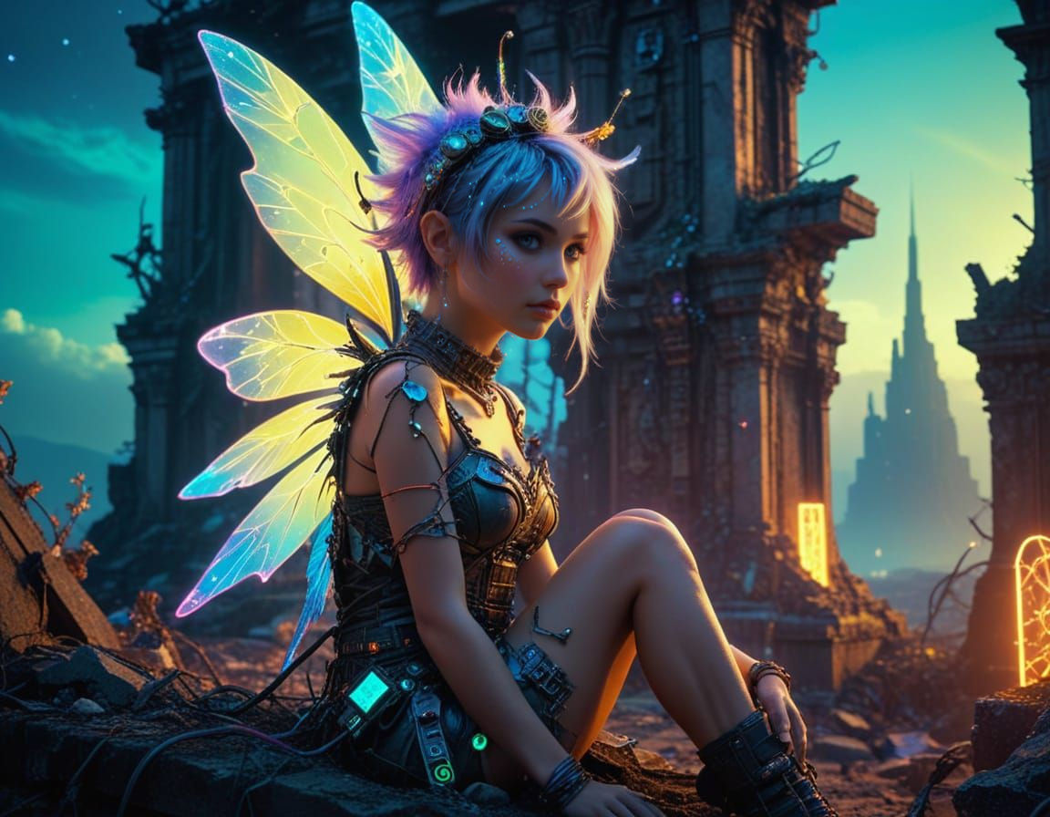 Trashpunk Fairy on Ancient Ruins in Dreamy Photograph