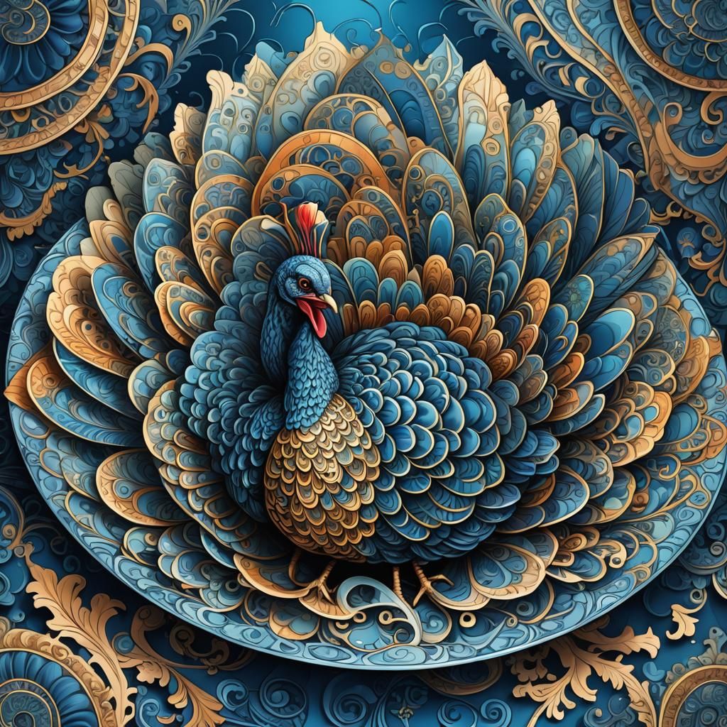 Abstract Fractal Turkey in Ornate Bowl