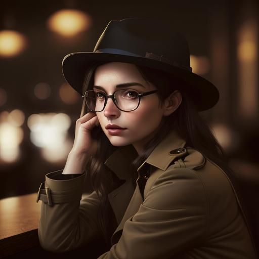 Brunette in Fedora at Bar, Ambient Light Portrait